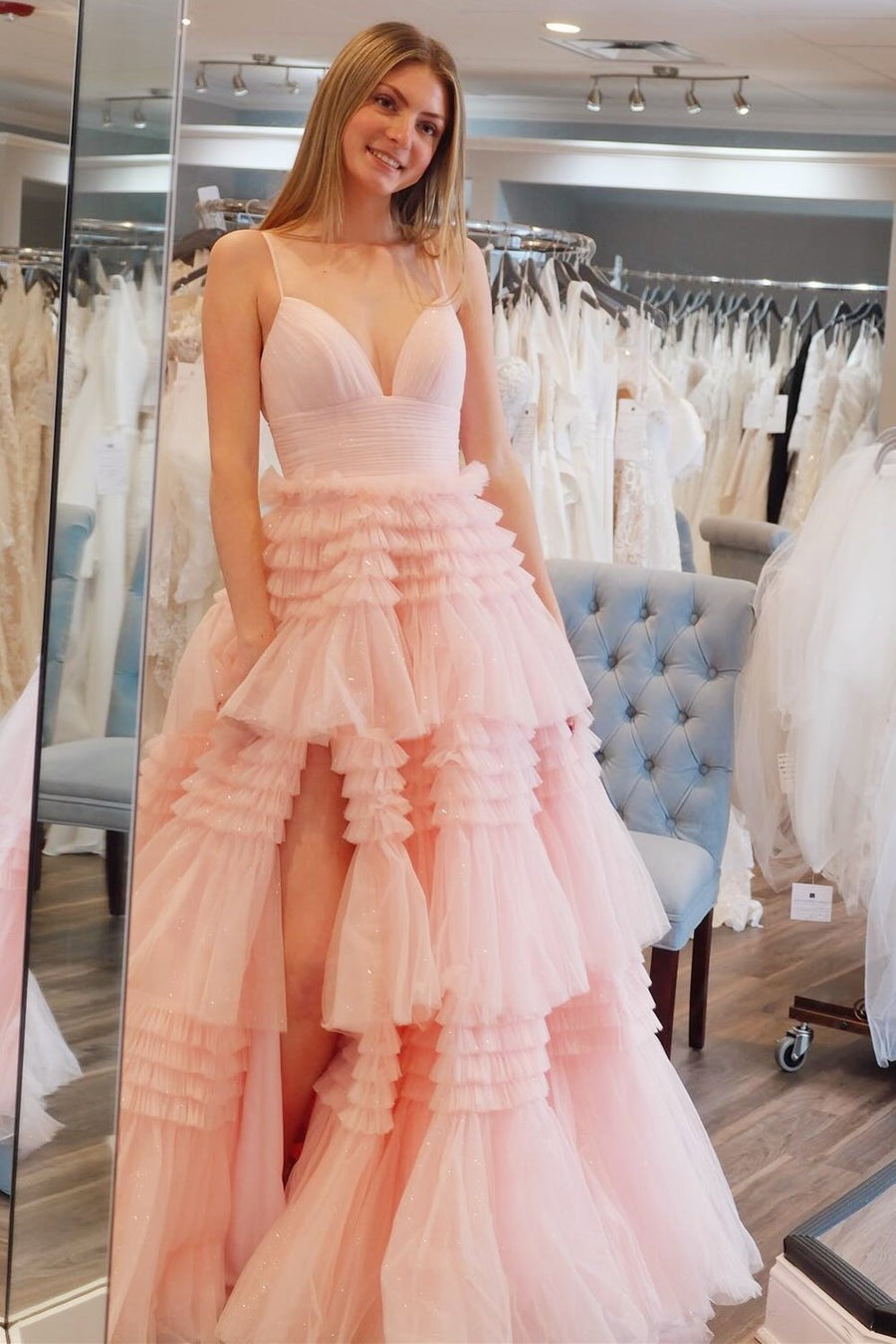 Cute Tulle A Line V Neck Tiered Prom Dresses luladress Cute Tulle A Line V Neck Tiered Prom Dresses luladress