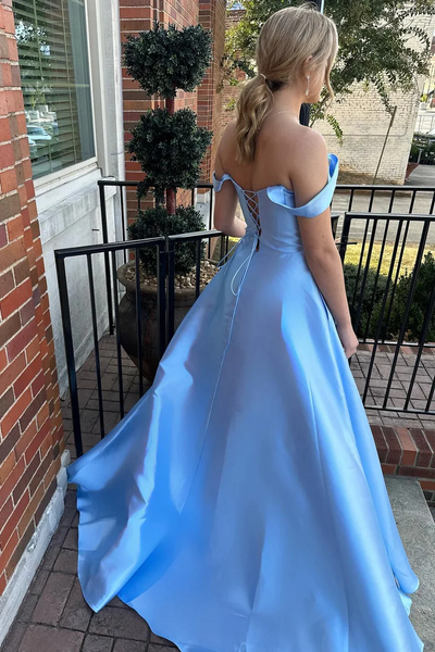 Blue Lace-Up Off-the-Shoulder Prom Dressees,BD930867