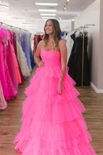 Pink Sweetheart Ruffle Tiered Long Prom Dresses,BD93256