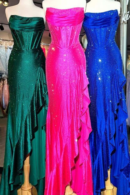 Light Blue Mermaid Strapless Lace Up Long Beaded Prom Dresses