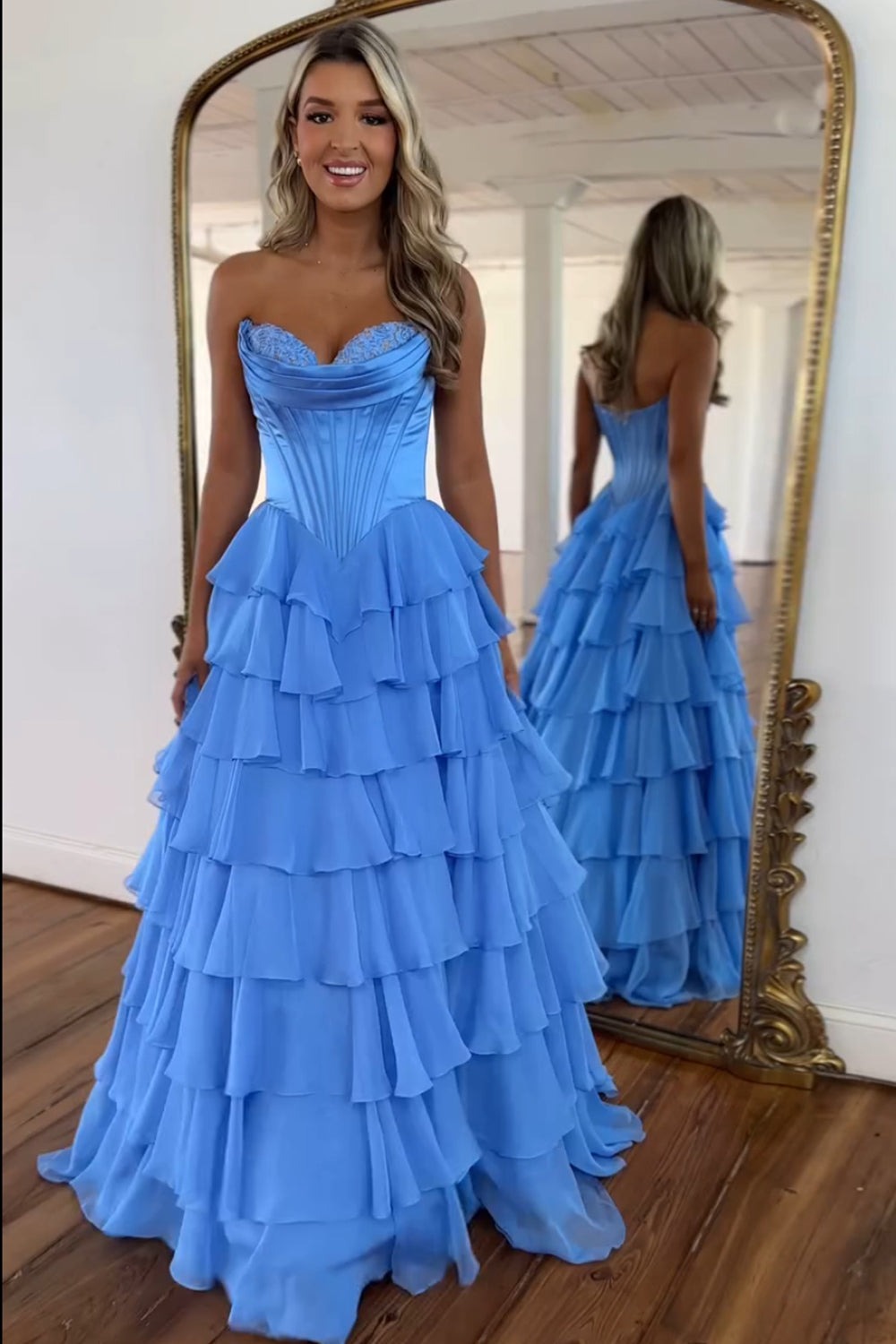Elegant A-Line Strapless Sleeveless Pleated Appliques Chiffon Tiered Floor Length Prom Dresses Party Dress Evening Gown with High Side Slit and Train Elegant A-Line Strapless Sleeveless Pleated Appliques Chiffon Tiered Floor Length Prom Dresses Party Dress Evening Gown with High Side Slit and Train