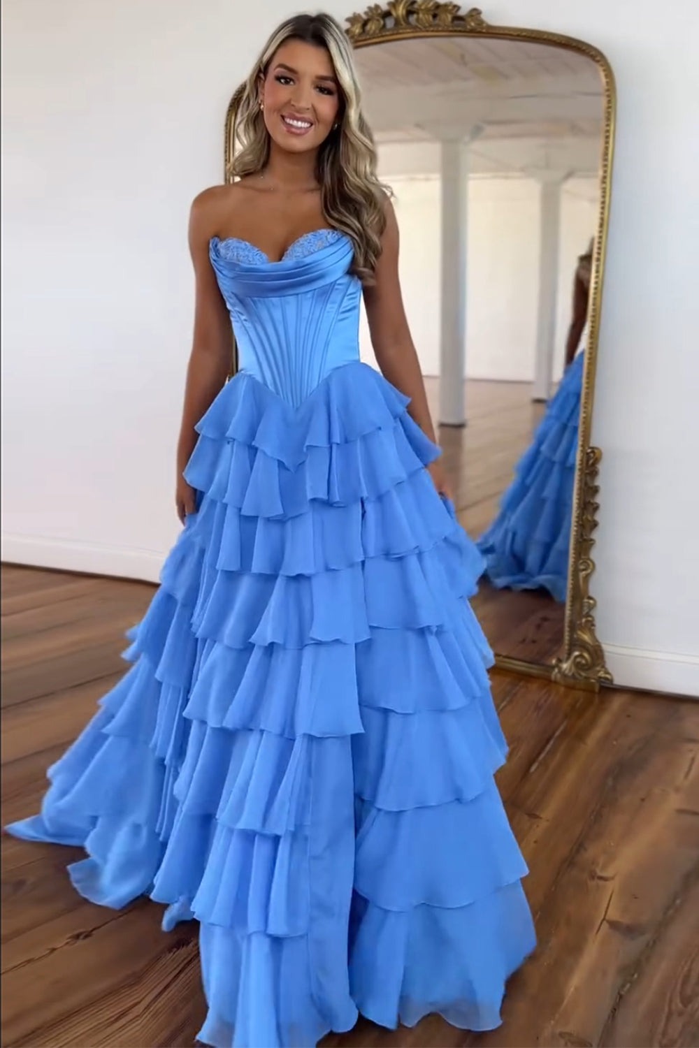 A Line Chiffon Sweetheart Blue Tiered Long Prom Dresses luladress A Line Chiffon Sweetheart Blue Tiered Long Prom Dresses luladress