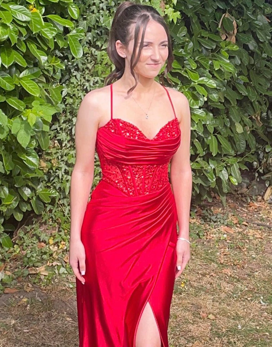 Mermaid Rose Gold Sweetheart Prom Dresses with Slit and Beading