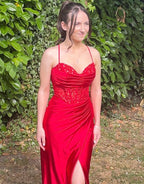 Mermaid Rose Gold Sweetheart Prom Dresses with Slit and Beading