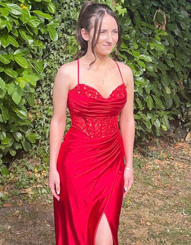 Mermaid Rose Gold Sweetheart Prom Dresses with Slit and Beading