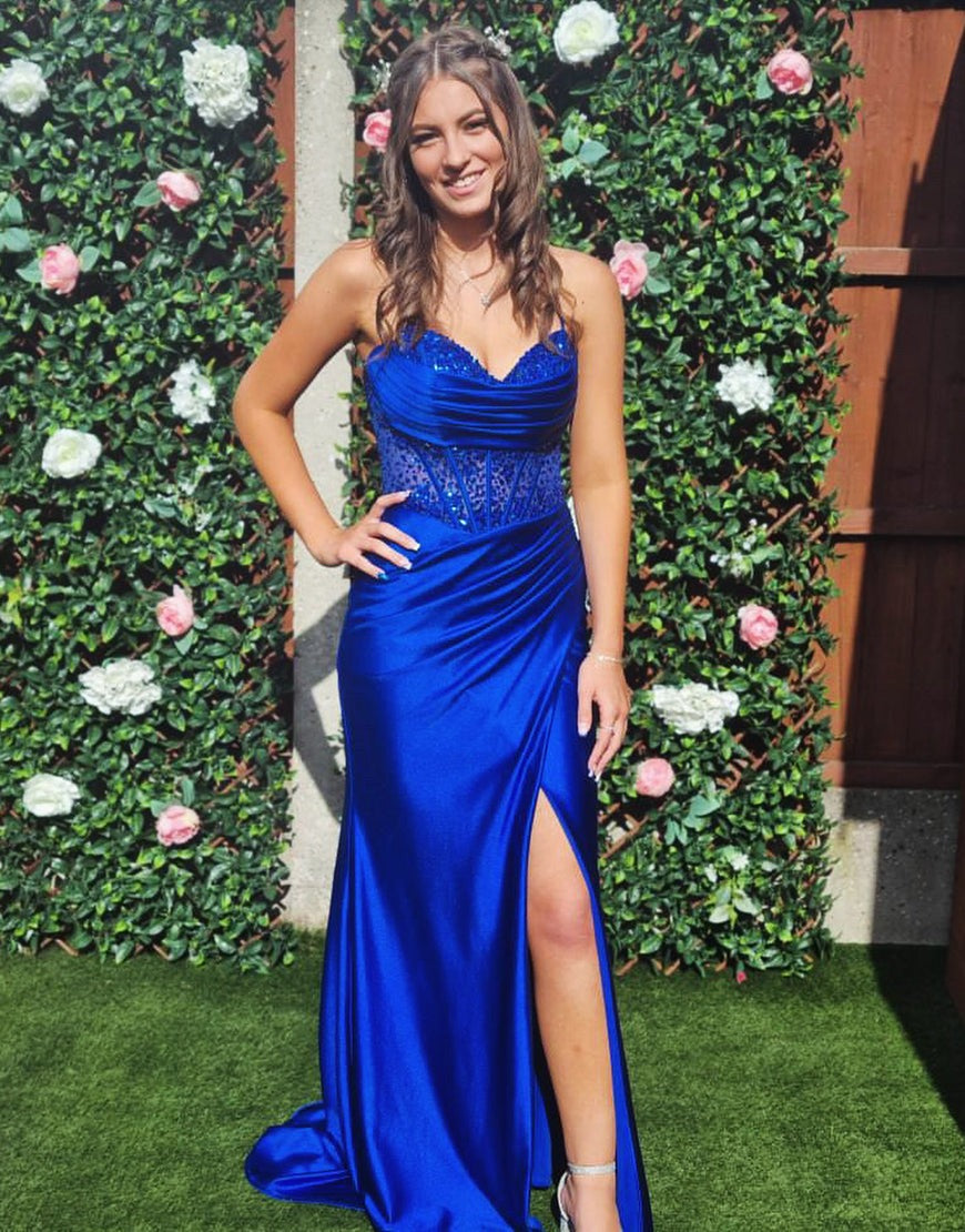 Mermaid Rose Gold Sweetheart Prom Dresses with Slit and Beading