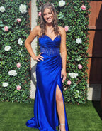 Mermaid Rose Gold Sweetheart Prom Dresses with Slit and Beading