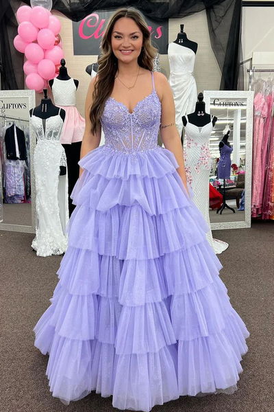 A-Line Ruffle Tiered Tulle Long Prom Dresses with Appliques,BD93318