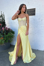 Mermaid Strapless Yellow Croset Satin Long Prom Dress