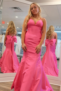 Pink V Neck Satin Mermaid Long Prom Dresses ,BD93334