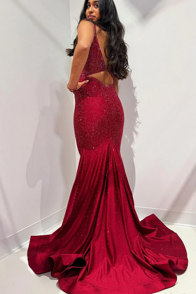 Mermaid Dark Red Beaded Long Prom Dresses,BD93097