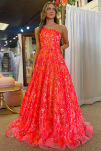 A-Line One Shoulder Sequin Lace Long Prom Dresses,BD93266