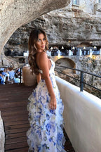 A Line Spaghetti Straps Blue Floral Printed Long Prom Dresses