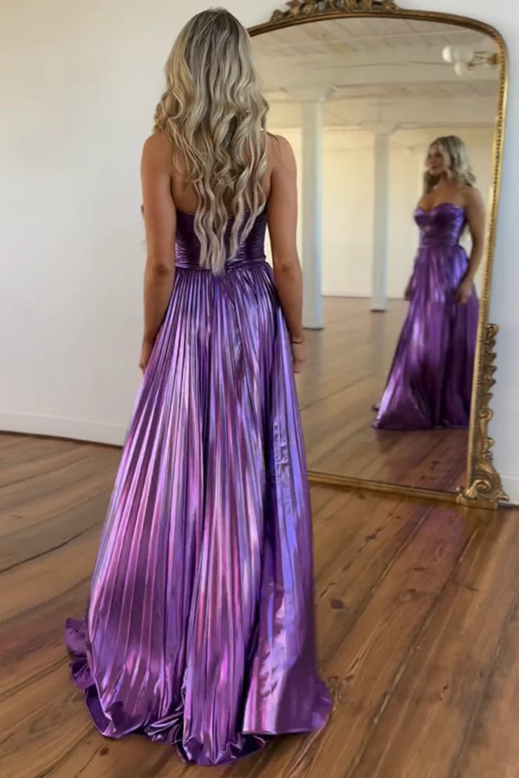 A Line Purple Metallic Satin Pleat Sweetheart Prom Dresses Pic Color / US12 A Line Purple Metallic Satin Pleat Sweetheart Prom Dresses Pic Color / US12