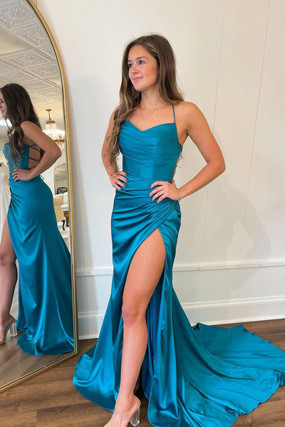 Mermaid Peacock Blue Spaghetti Straps Satin Prom Dresses,BD930876