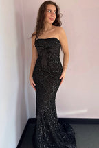 Mermaid Strapless Black Sequins Long Prom Dresses