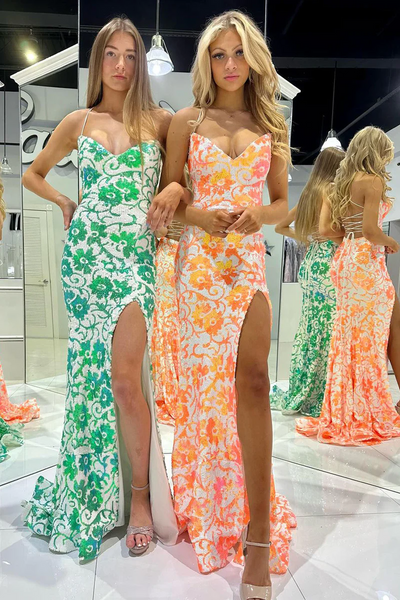 Mermaid Orange Sequin Lace V Neck Prom Dresses,BD930873