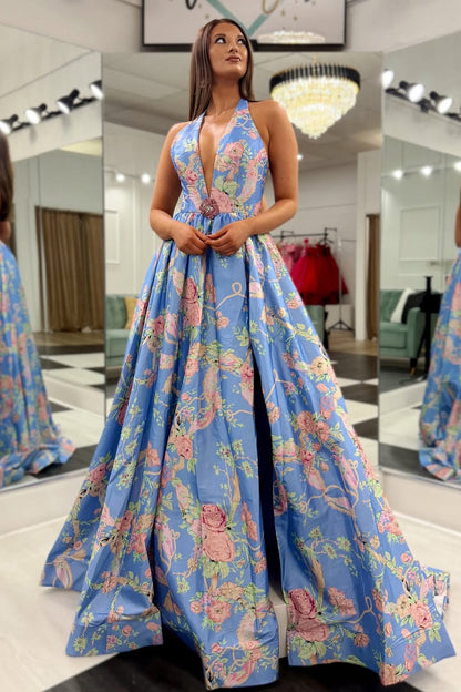 Robes de bal longues imprimées fleuries bleues licou trapèze