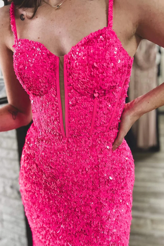 Sparkly Fuchsia Corset Sequins Long Mermaid Prom Dresses