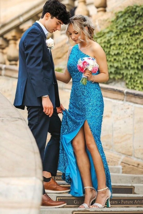 blue one shoulder prom dress Sparkly Plus Size Light Blue One Shoulder A Line Sequins Prom Dress US8 / Custom Color