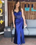 Mermaid Rose Gold Sweetheart Prom Dresses with Slit and Beading