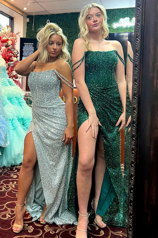 Green Off the Shoulder Sequins Long Prom Dresses