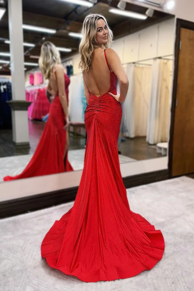 Red Beaded V Neck Mermaid Long Prom Dresses,BD93197