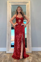 Meramid Sweetheart Keyhole Sequins Long Prom Dresses