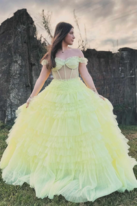 Off the Shoulder Tiered Tulle Yellow Long Prom Dresses,BD93187