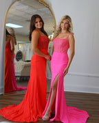 Elegant Red Mermaid Scoop Neck Long Satin Prom Dresses
