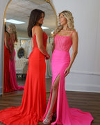 Elegant Red Mermaid Scoop Neck Long Satin Prom Dresses