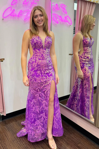 Purple Sequins Lace Mermaid Long V Neck Prom Dresses,BD93199