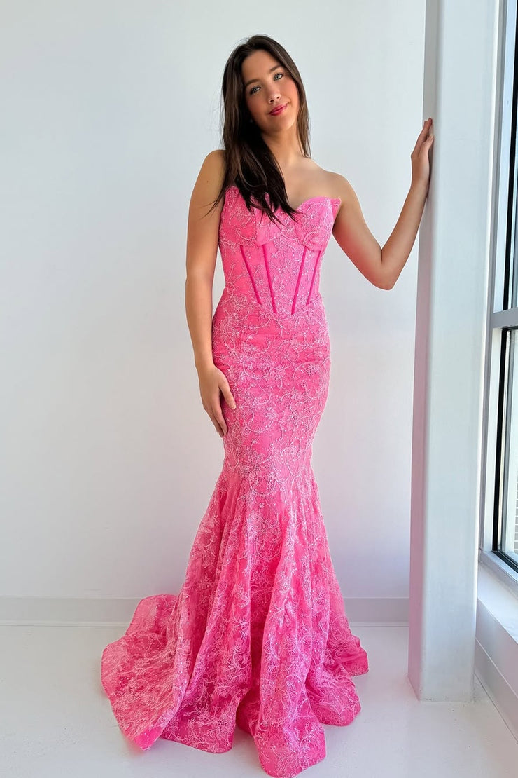 Mermaid Strapless Pink Lace Long Prom Dresses