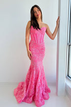 Mermaid Strapless Pink Lace Long Prom Dresses