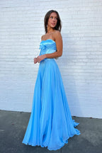 A Line Sweetheart Blue Chiffon Long Prom Dresses