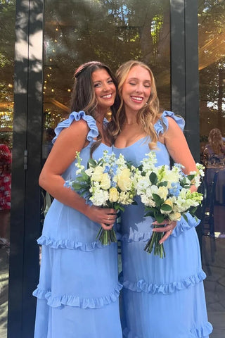 Fariy Sheath Square Neck Blue Chiffon  Bridesmaid Dresses