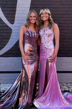 Charming Sparkly Pink Satin Long Mermaid Prom Dresses with Beading