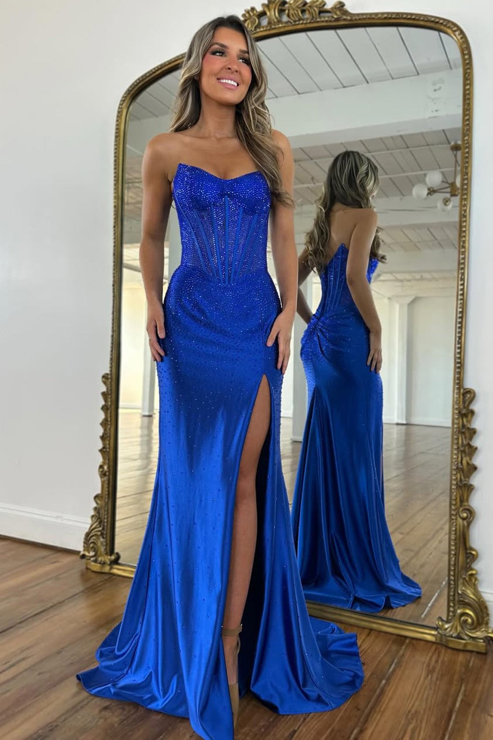 Mermaid Strapless Yellow Corset Beaded Prom Dress