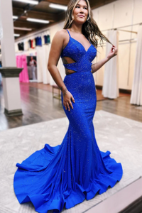 V Neck Royal Blue Beaded Cutout Mermaid Long Prom Dresses,BD93219