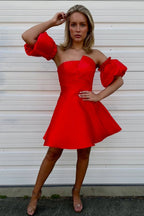 A-Line Strapless Red Satin Short Prom Dresses Cocktail Party Dresses