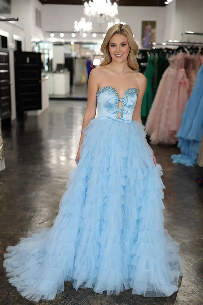 Light Blue Sweetheart Tiered Tulle Long Prom Dresses,BD93332