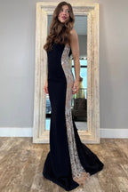 Charming Mermaid V Neck Black Satin Prom Dresses