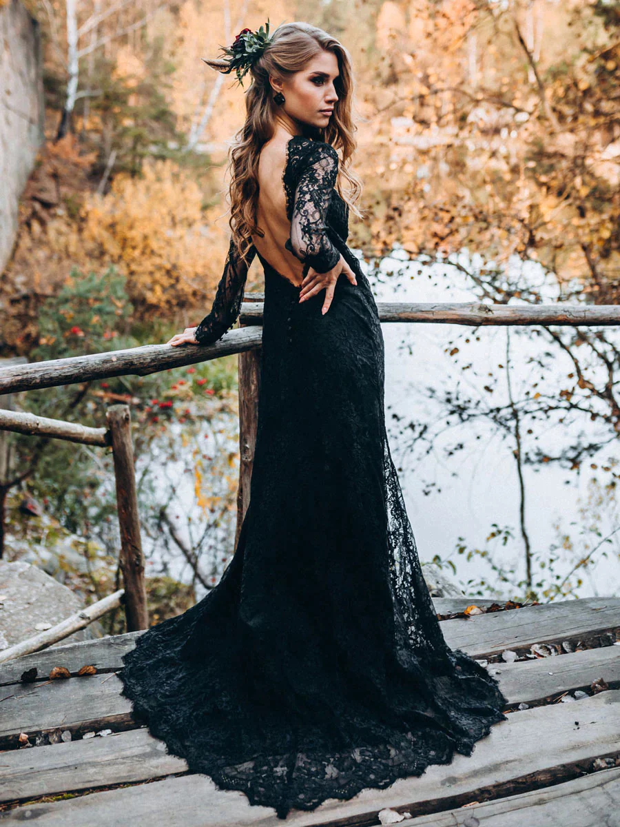 Black Sweetheart Long Sleeves prom dresses,Lace Backless Wedding Dresses