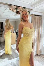 Mermaid Yellow Sequins Long Sweetheart Prom Dresses