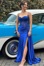 Stunning Mermaid Spaghetti Straps Long Glitter Satin Prom Dresses
