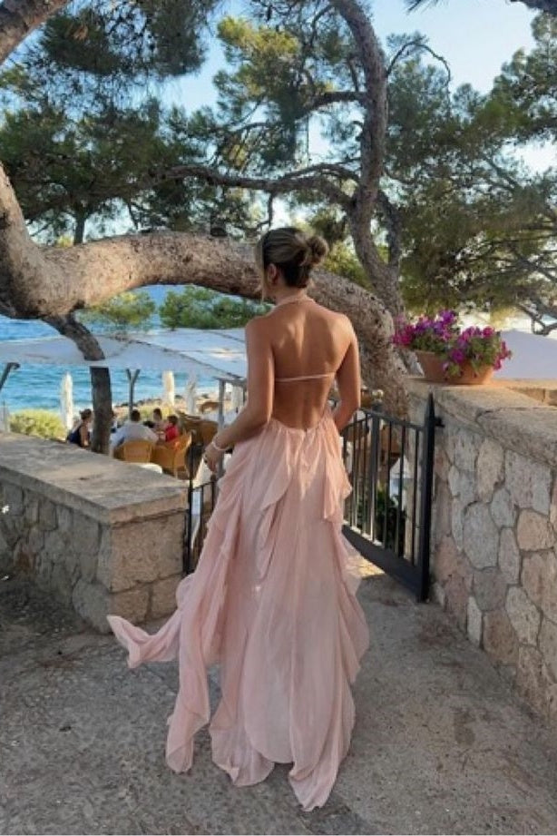 A Line Halter Neck Pink Long Chiffon Prom Dresses