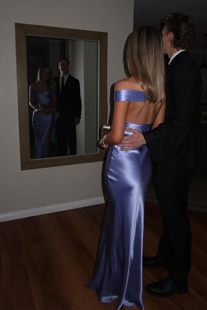 Mermaid Off the Shoulder Yellow Satin Long Prom Dresses