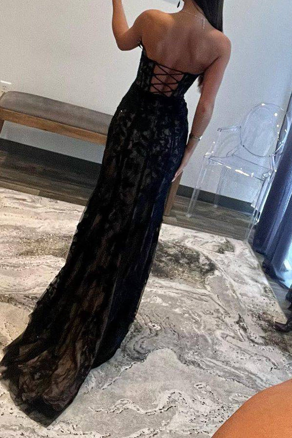 Mermaid Sweetheart Black Corset Long Lace Prom Dresses