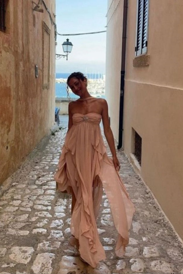 A Line Halter Neck Pink Long Chiffon Prom Dresses