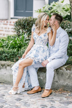 A Line Sweetheart Blue Floral Printed Long Party Dresses